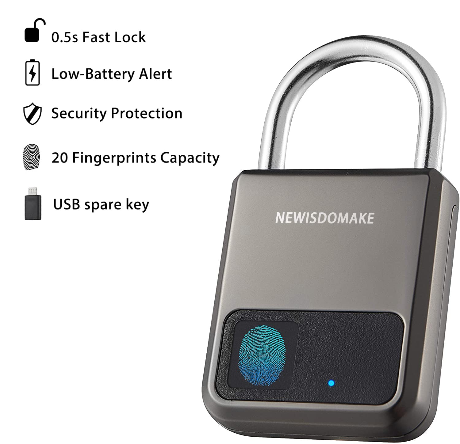 Fingerprint Padlock, Smart Padlock with USB Charging Support, Fingerprint Lock, Biometric Lock Suitable for Luggage, Bookcase, Suitcase, Backpack, Bike, School Locker, Gym Locker Lock(Gray)