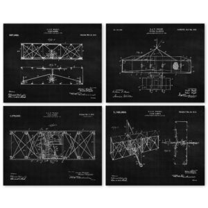 vintage airplane flying machine patent prints, 4 (8x10) unframed photos, wall art decor gifts under 20 for home wright brothers office man cave garage school student teacher coach usa invention fans