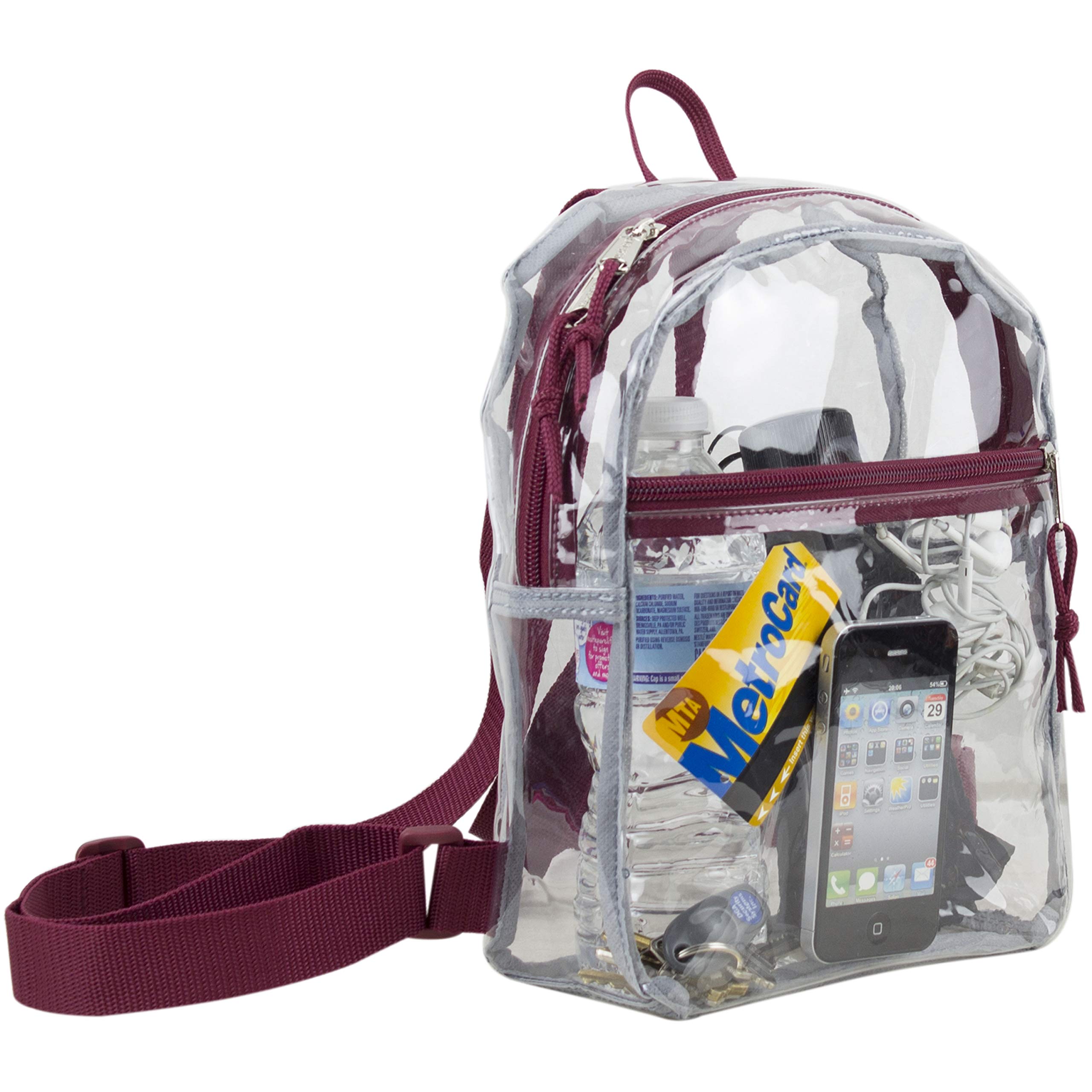 Eastsport 100% Transparent Clear MINI Backpack (10.5 by 8 by 3 Inches) with Adjustable Straps, Clear/Burgundy