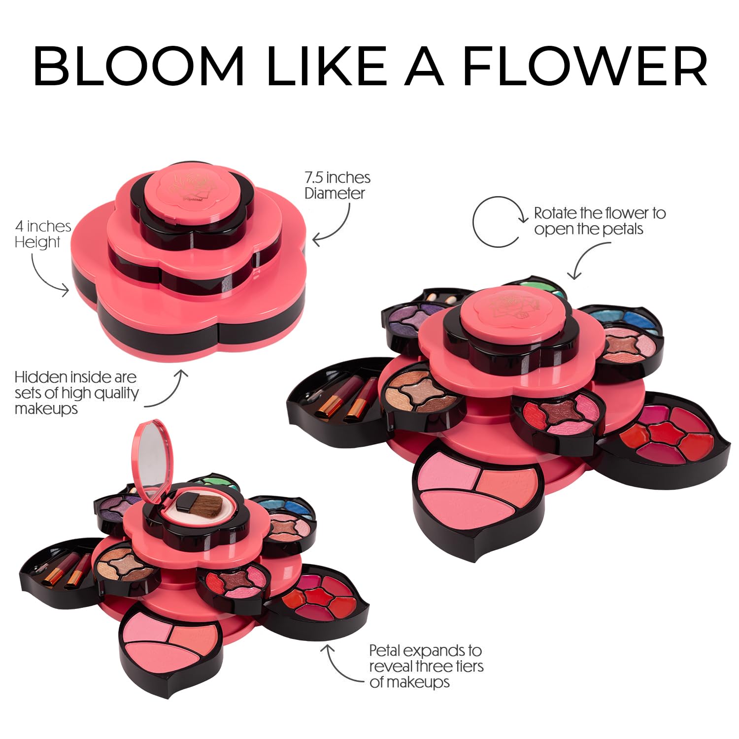 Toysical Makeup Kit for Teens - Flower Makeup Palette Gift Set for Teen Girls and Women - Makeup for Girls 10-12 - Petals Expand to 3 Tiers - Variety Shade Array - Full Starter Kit for Beginners