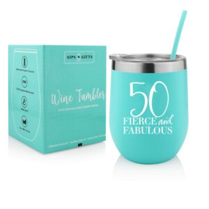 50th birthday funny wine gifts for women, 12 oz stainless steel wine tumbler with lid, insulated wine glass for 50, milestone birthday gift for her, presents for turning fifty and fabulous, travel cup