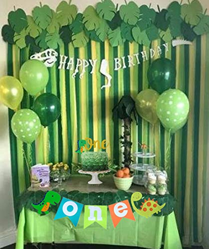 LaVenty Set of 2 Dinosaur First Birthday Banner Dinosaur One Cake Topper Dinosaur 1st Birthday High Chair Banner Dinosaur Birthday Party Decoration