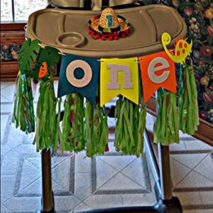 LaVenty Set of 2 Dinosaur First Birthday Banner Dinosaur One Cake Topper Dinosaur 1st Birthday High Chair Banner Dinosaur Birthday Party Decoration