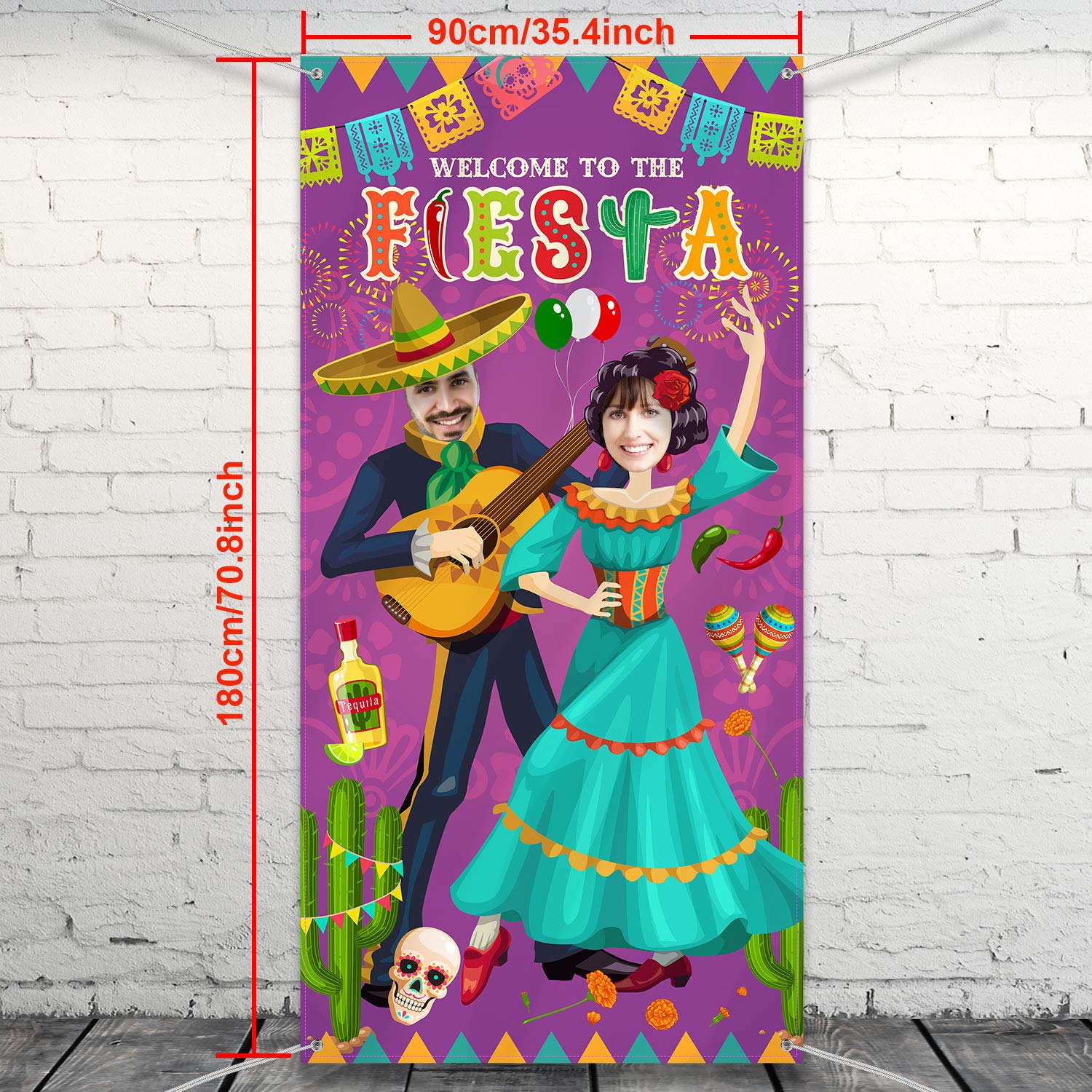 Fiesta Couple Photo Door Banner, Giant Fabric Fiesta Photo Booth Background, Funny Fiesta Games Supplies for Mexican Theme Festival, 6 x 3 ft