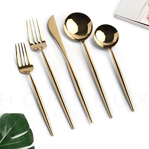 Homelux Theory 18/10 Gold Silverware Set Stainless Steel, 5pc Mirror Polished Modern Silverware Set Dishwasher Safe, Kitchen Flatware Set, Adaline Royal Knife Spoons & Forks Set, Gold Cutlery Set of 4