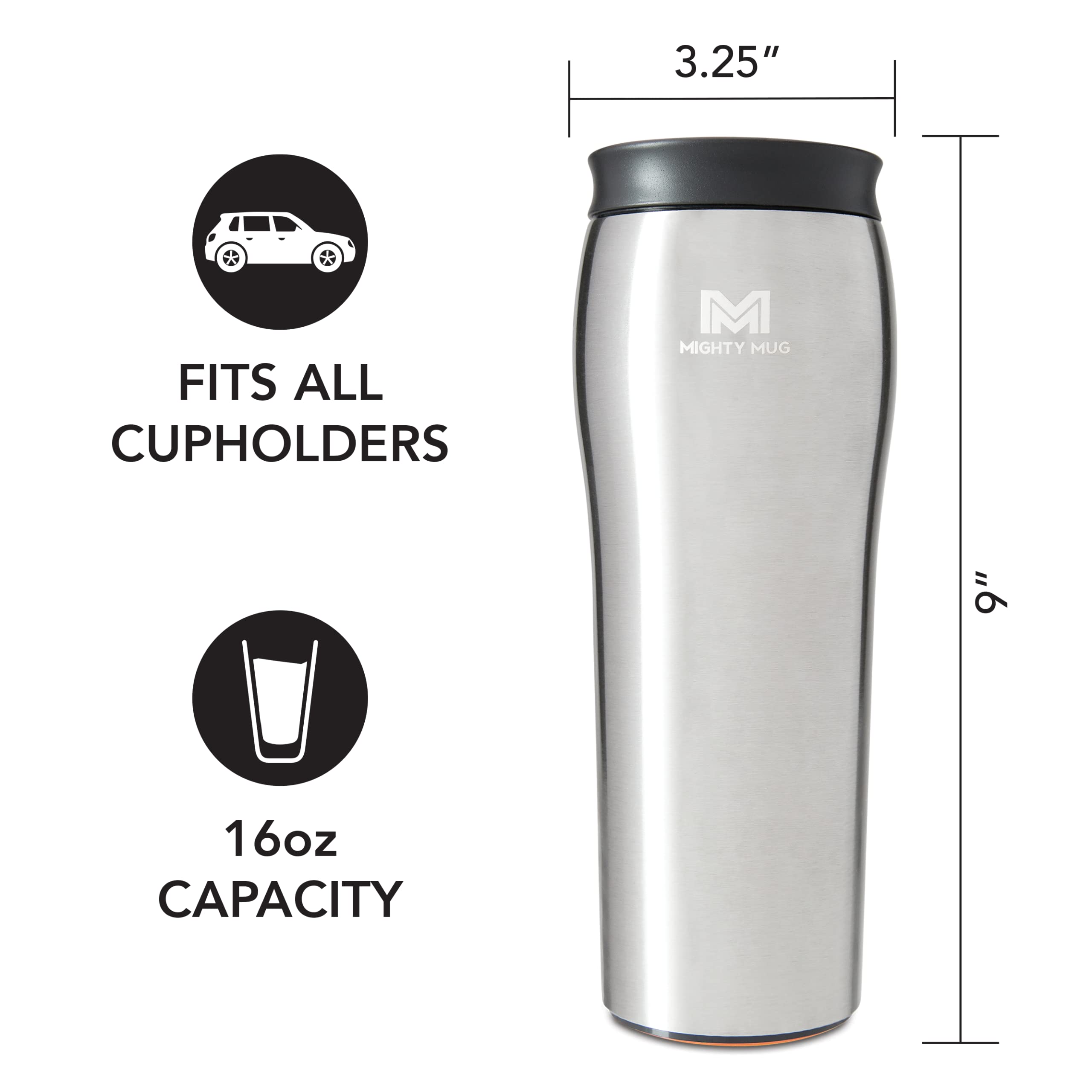 Mighty Mug | The Untippable Mug | Grips When Hit, Lifts for Sips | Insulated Stainless Steel Tumbler | Cupholder Friendly | Gifts for Women Men All | Leakproof | 6 Hours Hot / 24 Cold | 16oz | Silver