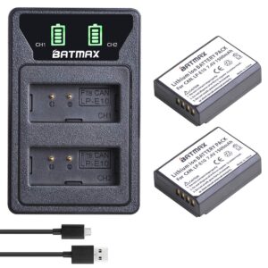 batmax 2 packs lp-e10 lp e10 battery + led dual built-in usb charger with type c port for canon eos rebel t3 t5 t6 t7, t100, eos 4000d 2000d 1500d 1300d 1200d 1100d, kiss x50 x70 x80 x90 cameras