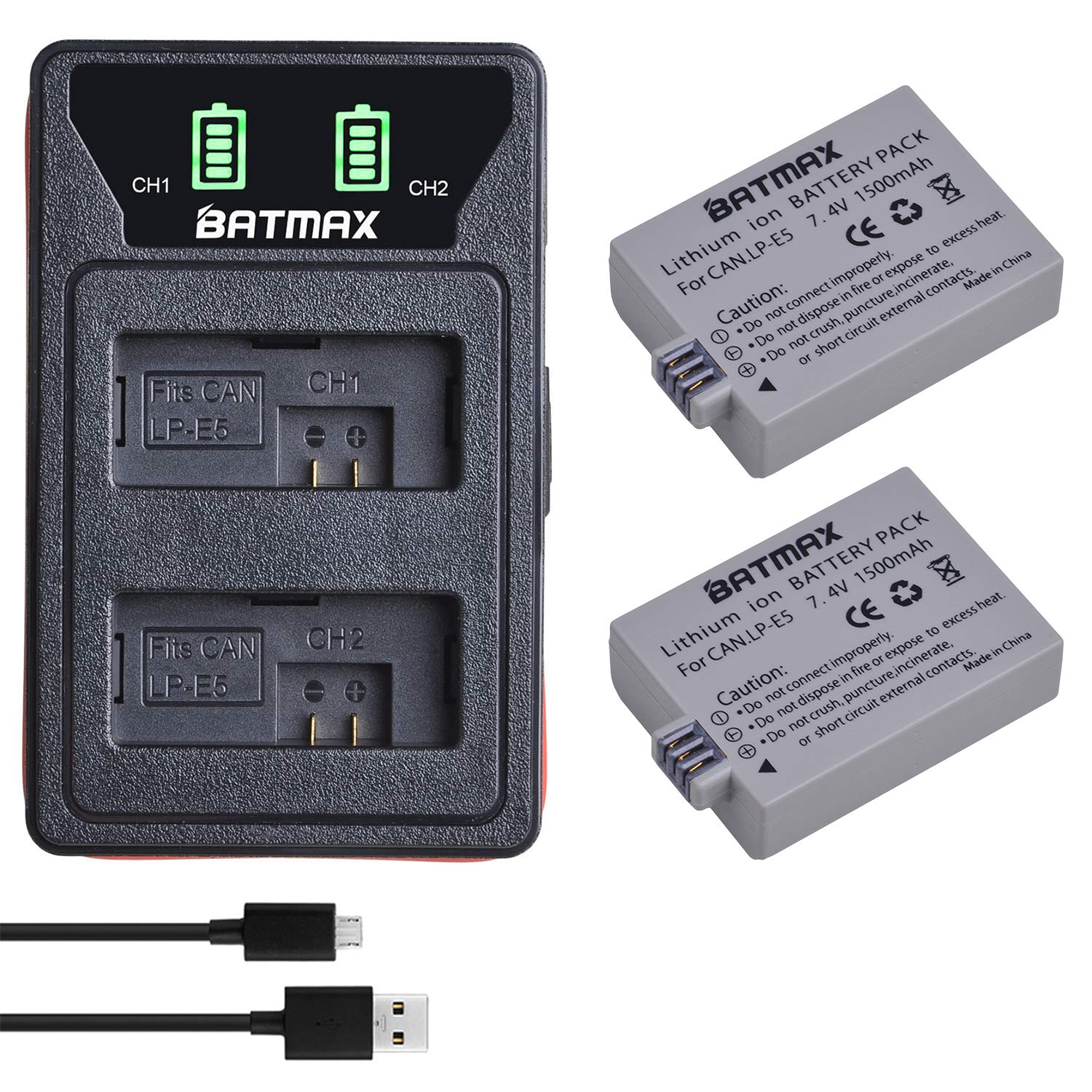 Batmax 2 Packs LP-E5 Battery + LED Dual Bulit-in USB Charger with Type C Port for Canon EOS Rebel XS, Rebel Xsi, Rebel T1i, 1000D, 500D, 450D, Kiss F, Kiss X2, Kiss X3