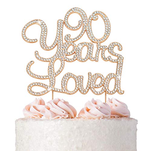 90 Cake Topper - Premium Rose Gold Metal - 90 Years Loved - 90th Birthday Party Sparkly Rhinestone Decoration Makes a Great Centerpiece - Now Protected in a Box