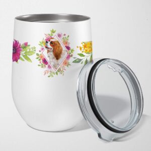 Caroline's Treasures CK4126TBL12 Cavalier King Charles Spaniel Pink Flowers Stainless Steel 12 oz Stemless Wine Glass Insulated Wine Tumbler with Lid, Cute Travel Cup for Coffee, Cocktails, Gift Women