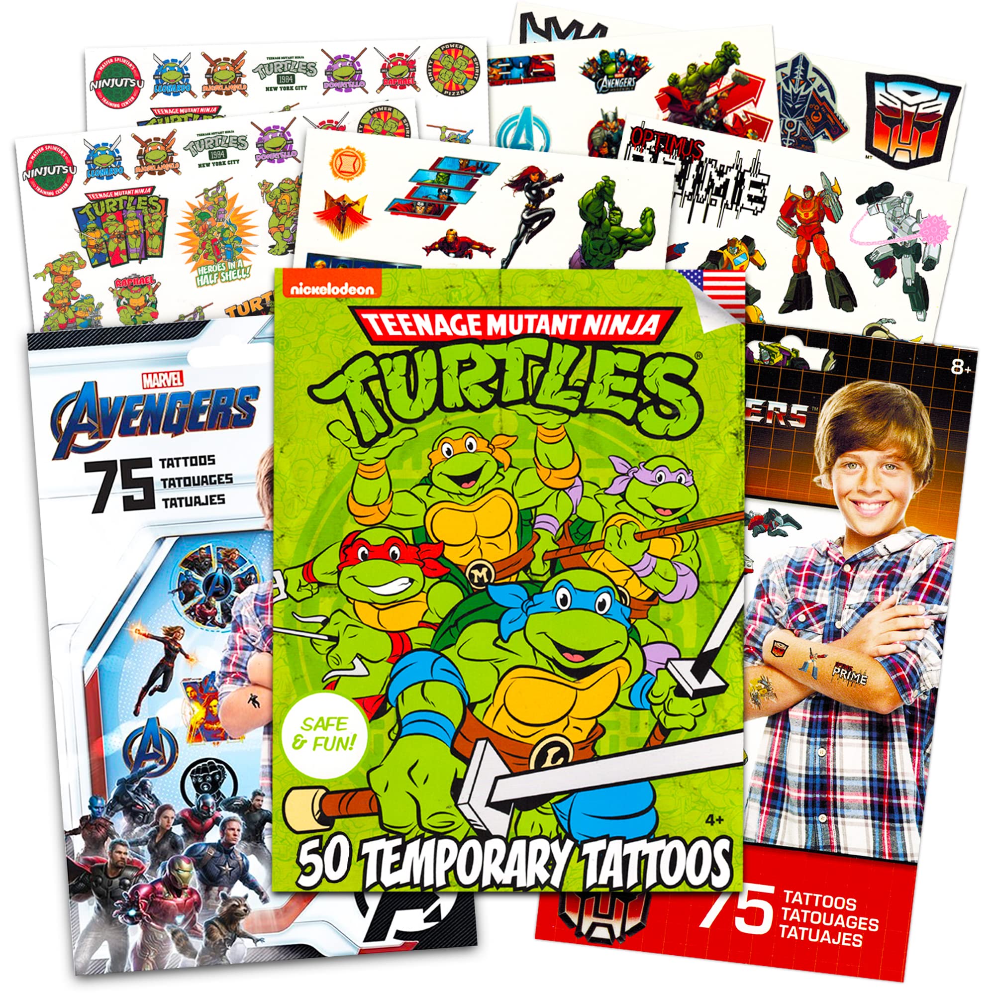 Superhero Tattoos for Boys Kids Party Bundle - 200 Licensed Temporary Tattoos Featuring Transformers, Teenage Mutant Ninja Turtles, and Marvel Avengers (Party Supplies)