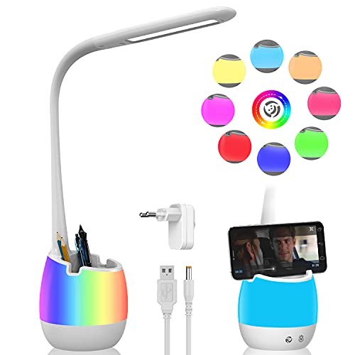 ERAY Kids Desk Lamp LED Study 2000mAh Rechargeable Desk Light with Pen Holder/ 8 Colors Night Light/ 3 Brightness Levels/Touch Control, Dimmable Table Lamp for Boys & Girls Eye-Caring Reading