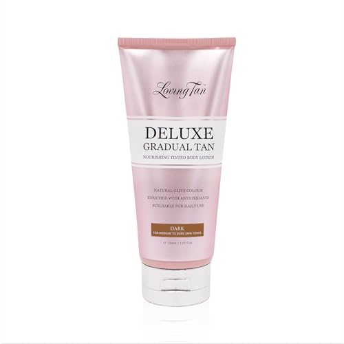 Loving Tan Deluxe Gradual Tan Lotion, Dark- Natural Looking Self Tanner, Professional Strength Sunless Tanner, 7+ Self Tanning Applications per Bottle- Cruelty Free, Naturally Derived DHA- 5.07 Fl Oz