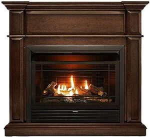 duluth forge dual fuel ventless gas fireplace system with mantle, thermostat control, 5 fire logs, use with natural gas or liquid propane, 26000 btu, heats up to 1350 sq. ft., gingerbread finish