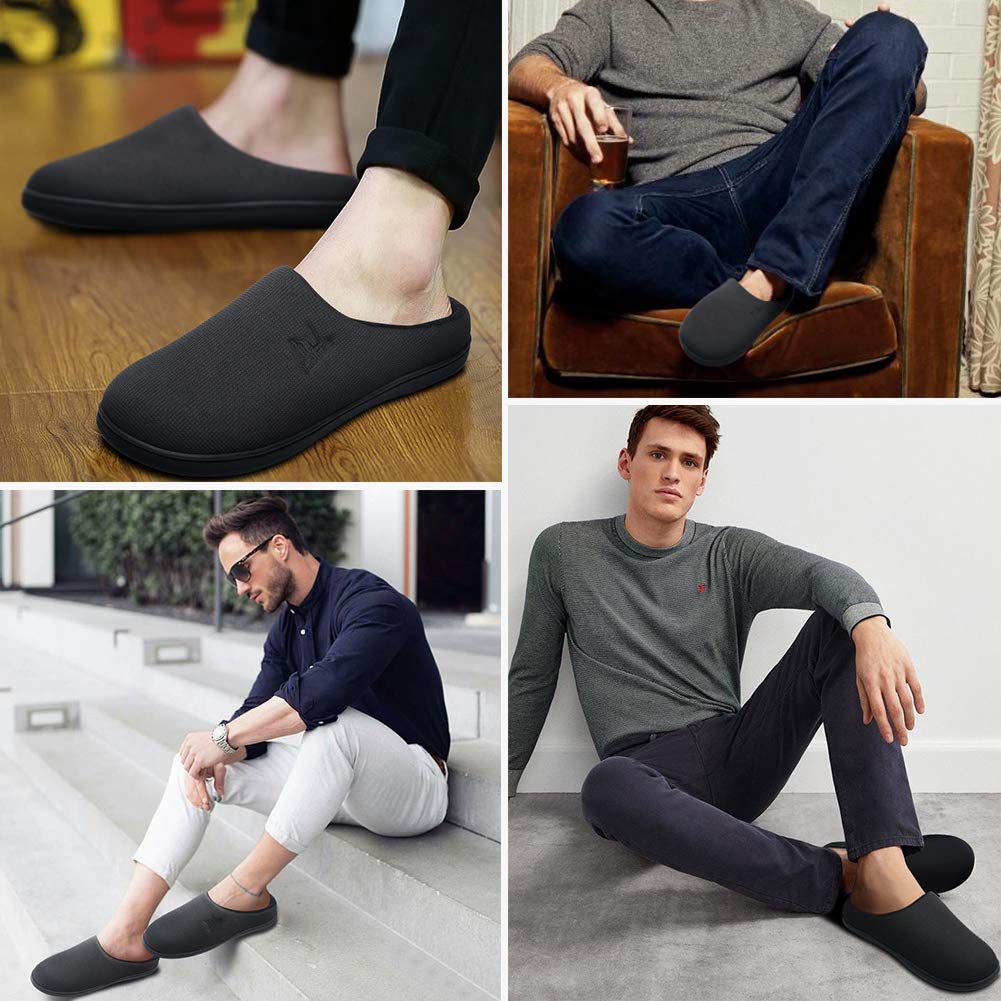 MAIITRIP Men's House Slippers Memory Foam Indoor Outdoor,Comfortable Winter Warm Non Slip Slip on House Shoes for Men Bedroom Casual,lightweight Slip Resistant Rubber Sole,All Black,Size 12 12.5 13