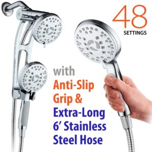 AquaSpa High Pressure 48-mode Luxury 3-way Combo with Adjustable Extension Arm – Dual Rain & Handheld Shower Head – Extra Long 6 Foot Stainless Steel Hose – All Chrome Finish – Top US Brand