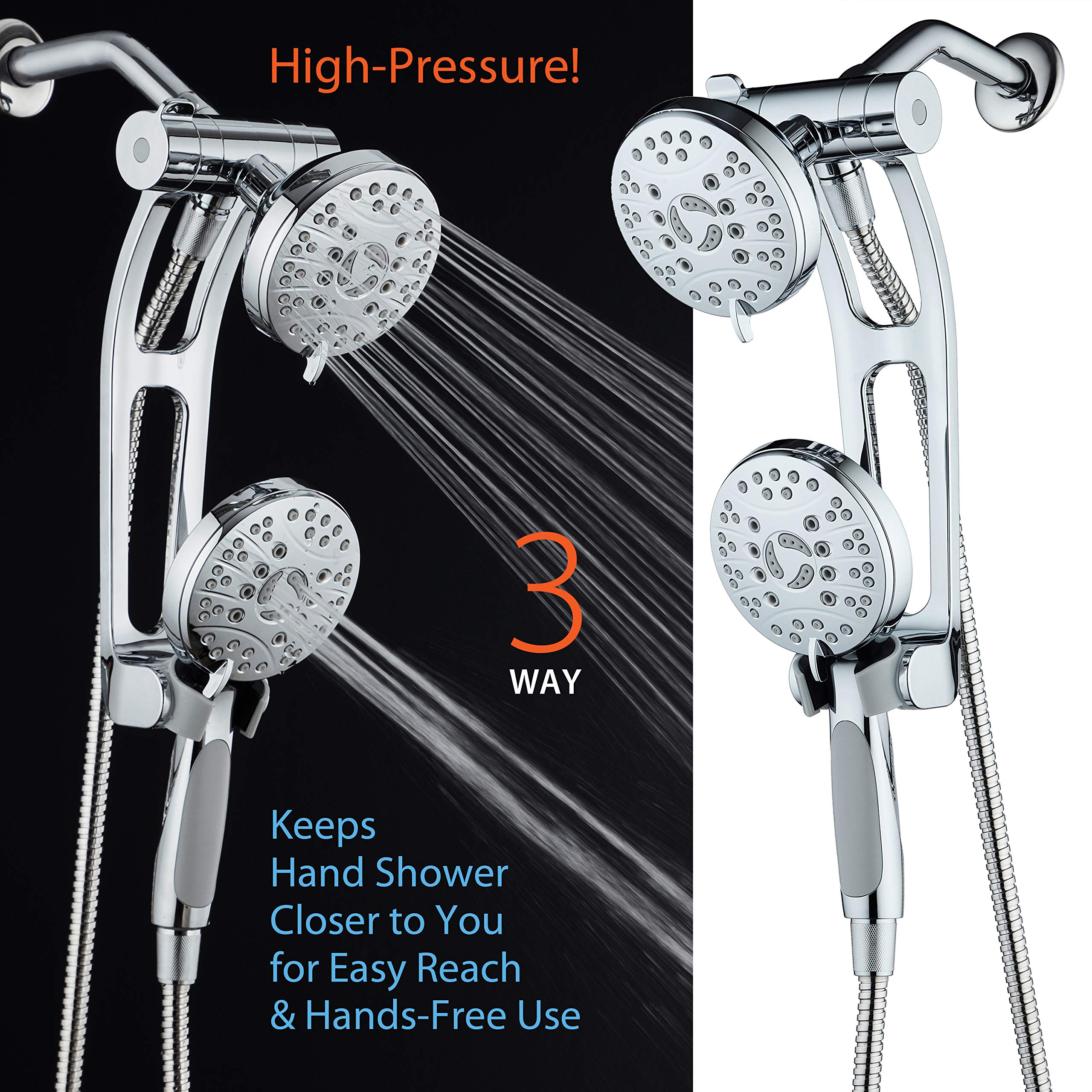 AquaSpa High Pressure 48-mode Luxury 3-way Combo with Adjustable Extension Arm – Dual Rain & Handheld Shower Head – Extra Long 6 Foot Stainless Steel Hose – All Chrome Finish – Top US Brand