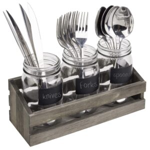 mygift gray solid wood kitchen countertop flatware utensil holder, casual dining flatware caddy with 3 mason jars and chalkboard labels