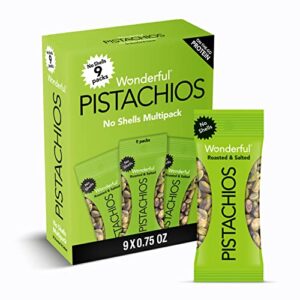 wonderful pistachios no shells, roasted & salted nuts, 0.75 ounce bags (pack of 9), protein snack, carb-friendly, gluten free, on-the-go, individually wrapped snack