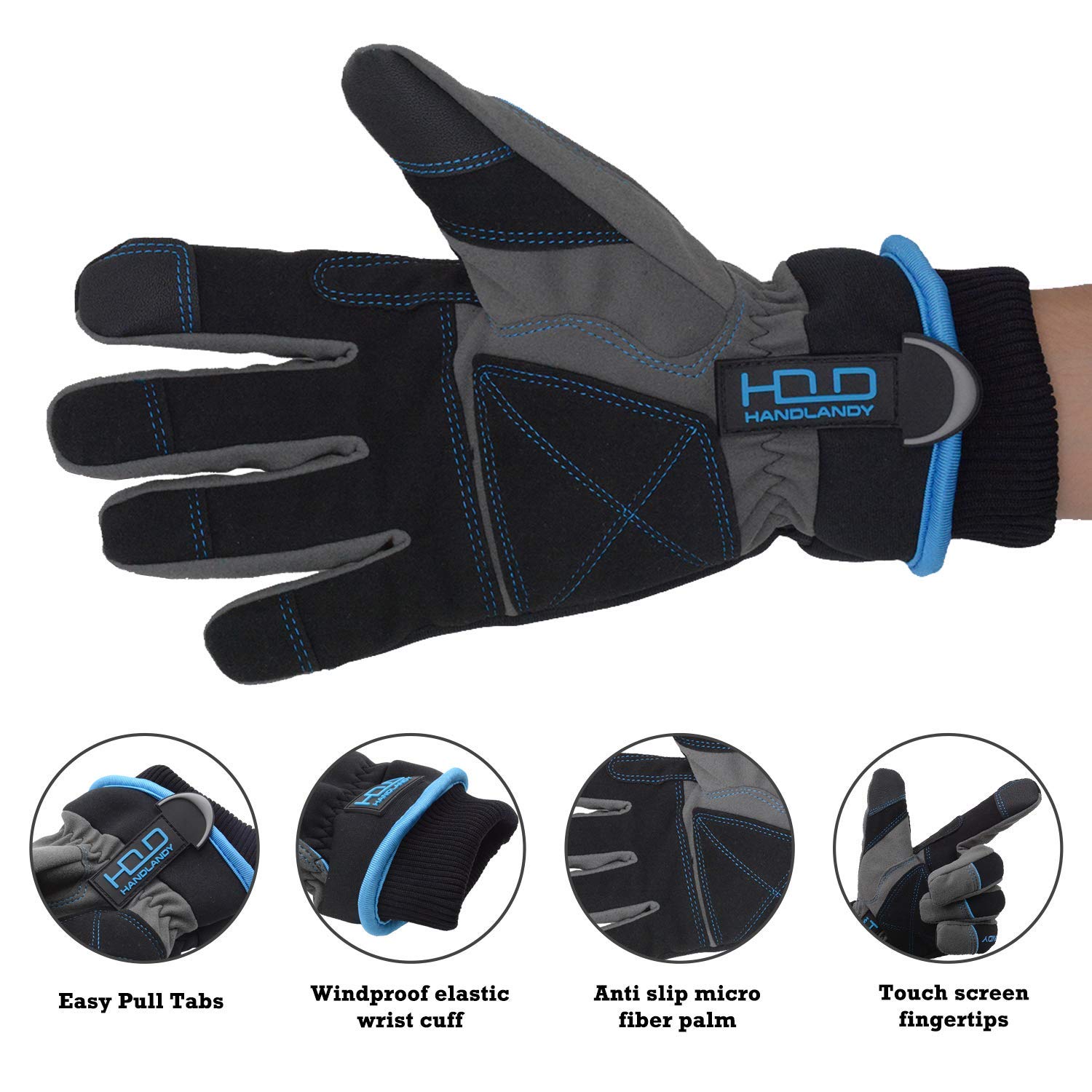 HANDLANDY Waterproof Insulated Work Gloves, 3M Thinsulate Thermal Winter Gloves for Men Women Touch Screen, Warm Ski Snowboard Cold Weather Gloves (Large, Blue)