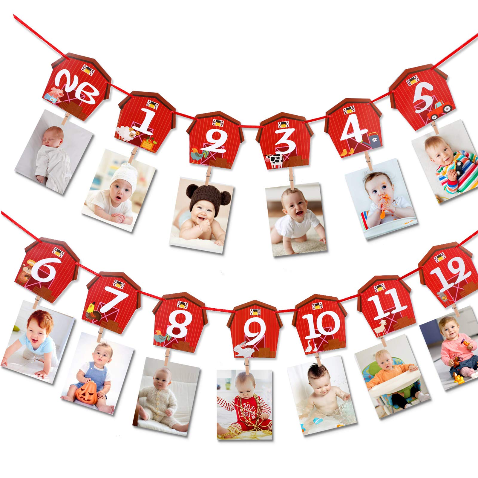 Farm Animal Theme Photo Banner 1st Birthday Monthly Banner Newborn to 12 Month Photo Display Milestone Photograph for Barnyard First Birthday Party Decorations Supplies