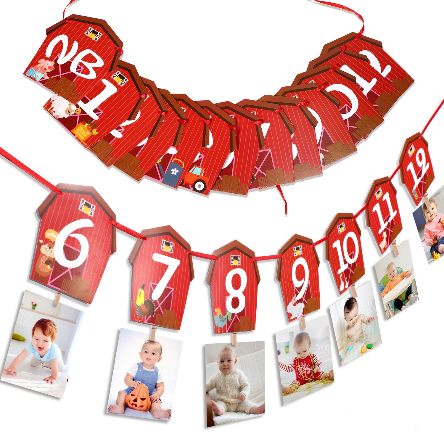 Farm Animal Theme Photo Banner 1st Birthday Monthly Banner Newborn to 12 Month Photo Display Milestone Photograph for Barnyard First Birthday Party Decorations Supplies