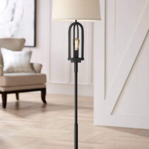 360 Lighting Marcel Industrial Rustic Farmhouse Floor Lamp Standing 64" Tall Black with LED Nightlight Light Natural Linen Drum Shade for Living Room Reading Bedroom Office House Home Decor