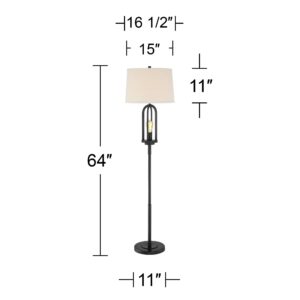 360 Lighting Marcel Industrial Rustic Farmhouse Floor Lamp Standing 64" Tall Black with LED Nightlight Light Natural Linen Drum Shade for Living Room Reading Bedroom Office House Home Decor