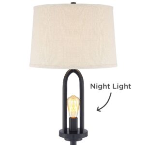 360 Lighting Marcel Industrial Rustic Farmhouse Floor Lamp Standing 64" Tall Black with LED Nightlight Light Natural Linen Drum Shade for Living Room Reading Bedroom Office House Home Decor