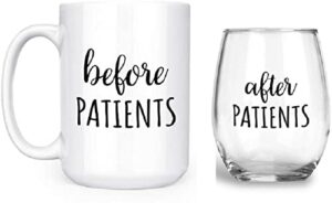 artisan owl before patients, after patients set - set contains: one (1) 15 oz deluxe large double-sided mug and one (1) 17 oz stemless wine glass