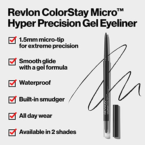 Revlon Gel Eyeliner, ColorStay Micro Hyper Precision Eye Makeup with Built-in Smudger, Waterproof, Longwearing with Micro Precision Tip, 214 Black, 0.01 Oz