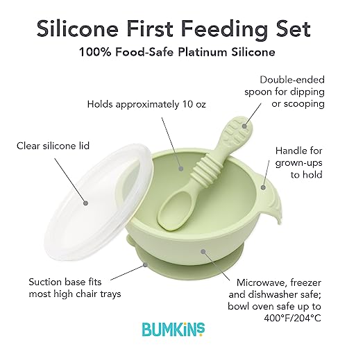 Bumkins Baby Bowl, Silicone Feeding Set with Suction for Baby and Toddler, Includes Spoon and Lid, First Feeding Set, Training Essentials for Baby Led Weaning for Babies 4 Months Up, Sage