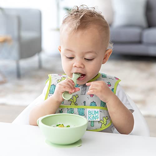 Bumkins Baby Bowl, Silicone Feeding Set with Suction for Baby and Toddler, Includes Spoon and Lid, First Feeding Set, Training Essentials for Baby Led Weaning for Babies 4 Months Up, Sage