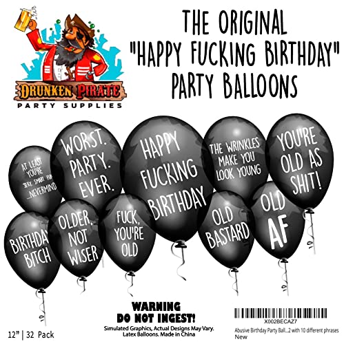 32 Piece NSFW Funny Abusive Old Age Birthday 12 Inch Party Balloons for adults with 10 Different rude, Offensive, and Sarcastic Phrases - Warning Adult Language