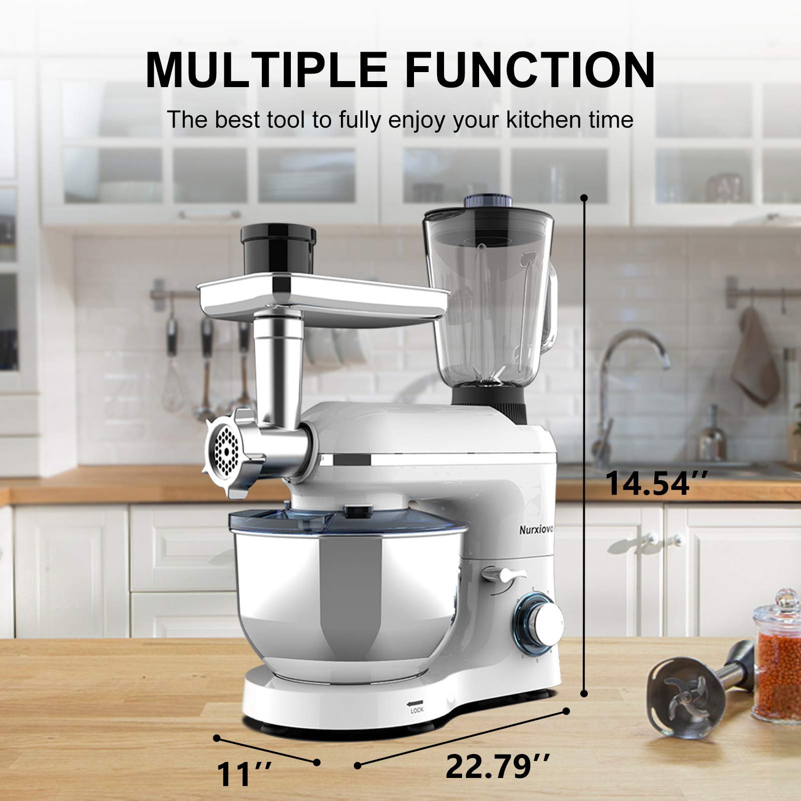 Nurxiovo 3 in 1 Stand Mixer 850W Kitchen Food Standing Mixer with 6 Speed and Pulse, Home mixer with 6.5 QT Stainless Steel Bowl, Dough Hook, Whisk, Beater, Meat Blender and Juice Extracter White