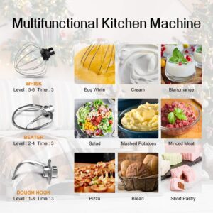 Nurxiovo 3 in 1 Stand Mixer 850W Kitchen Food Standing Mixer with 6 Speed and Pulse, Home mixer with 6.5 QT Stainless Steel Bowl, Dough Hook, Whisk, Beater, Meat Blender and Juice Extracter White