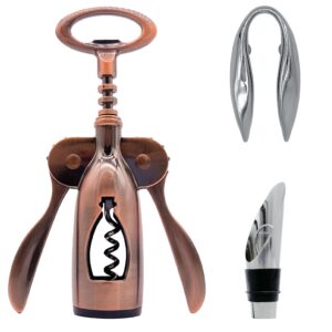 obaly wing corkscrew， wine bottle opener set of 3 pieces, equipped with bronze multi-functional bottle opener, wine stopper and a foil cutter