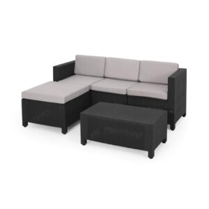great deal furniture stephanie outdoor faux wicker 3 seater sectional set with ottoman, dark gray and gray