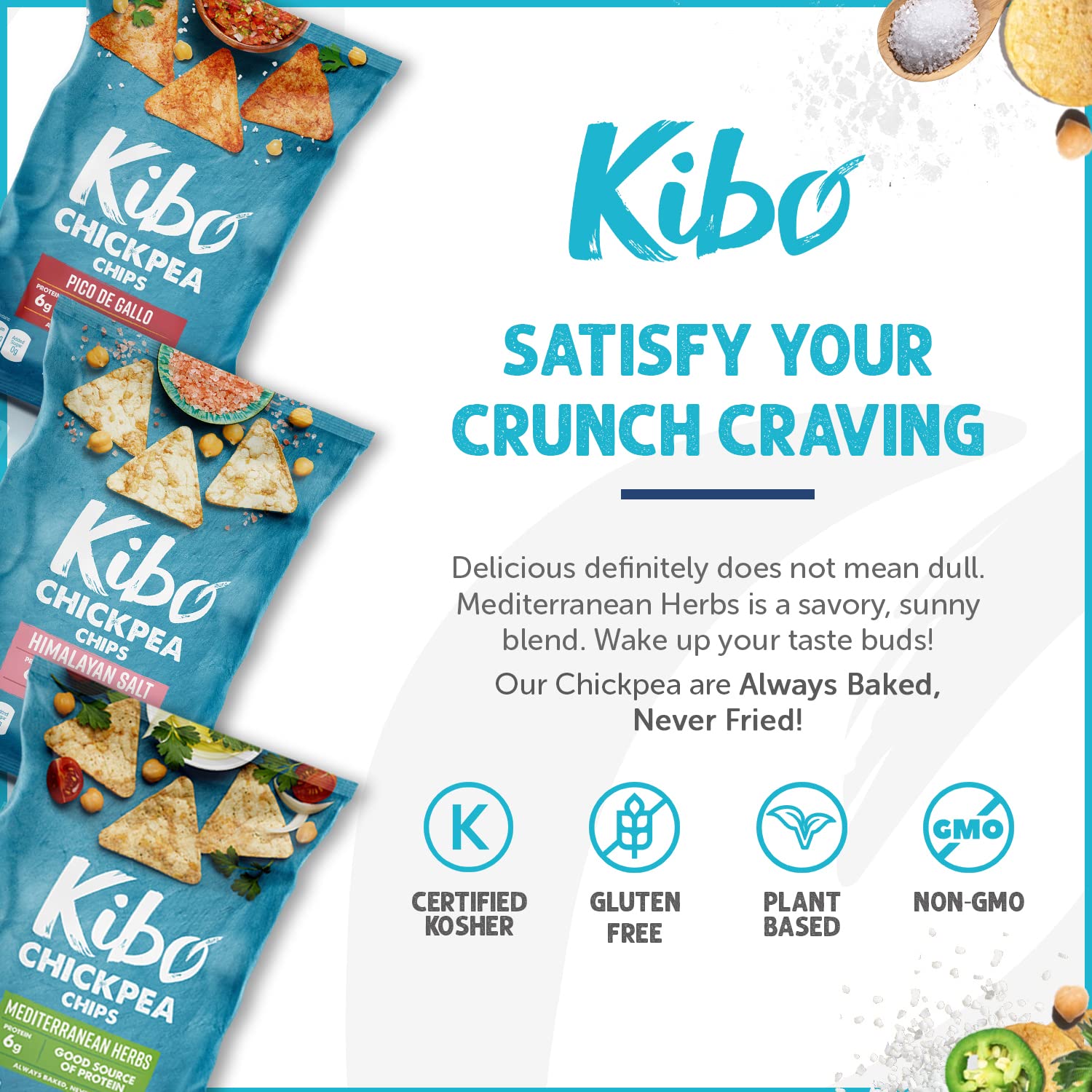 Kibo Chickpea Chips - High Protein/Fiber, Plant-Based, Cert. Gluten Free, Non-GMO, Vegan, Kosher, 3 Flavor Variety Pack, 1oz 12 pk