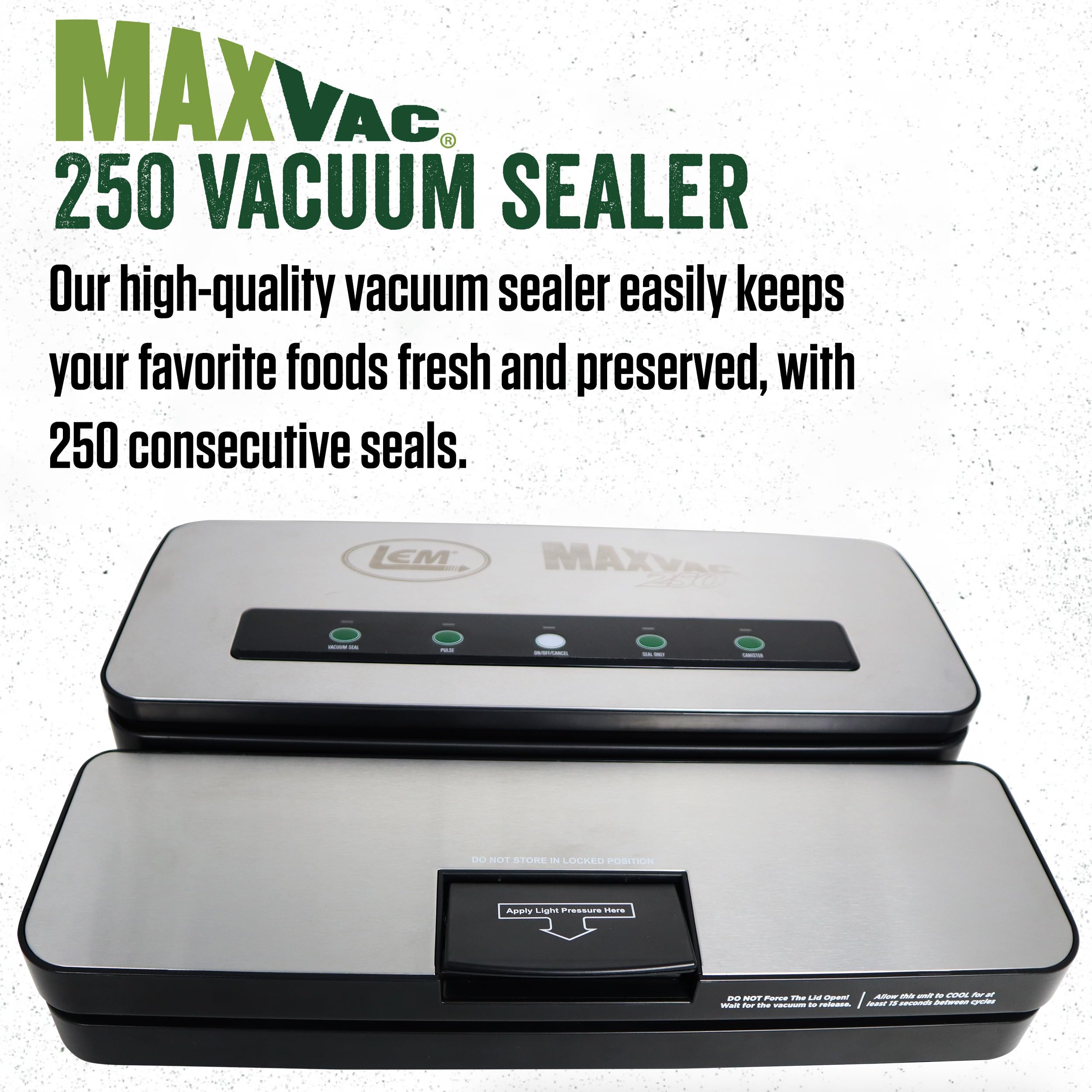 LEM Products MaxVac 250 Stainless Steel Vacuum Sealer with Built-In Bag Holder and Cutter, Silver and Black