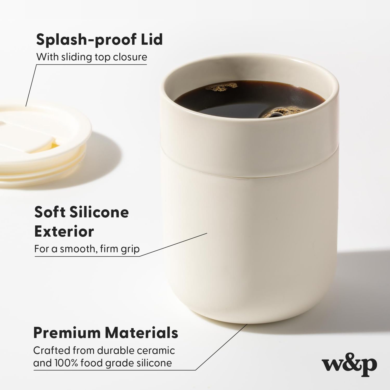 W&P Porter Ceramic Mug w/ Protective Silicone Sleeve, Cream 16 Ounces | On-the-Go | Reusable Cup for Coffee or Tea | Portable | Dishwasher Safe