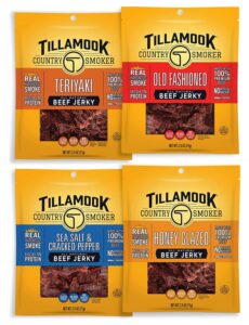 tillamook country smoker real hardwood smoked beef jerky variety pack, 2.5 ounce (pack of 4)