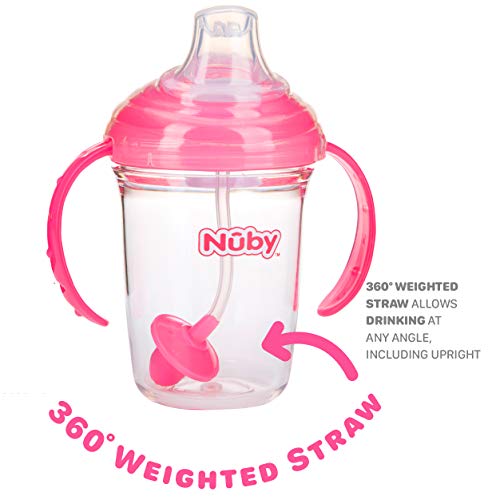 Nuby 360 Grip N' Sip 8oz Tritan Cup, Weighted Straw with Hygienic Cover, Pink