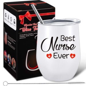 nurse gifts for women, best nurse ever, thanksgiving christmas birthday, 12 oz stainless steel nurse travel wine tumbler with lid, straw and gift box