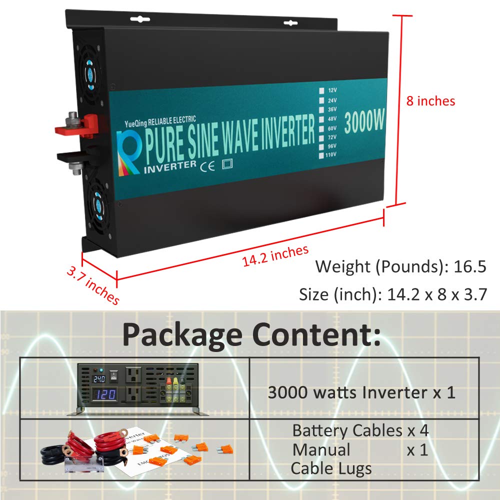 WZRELB 3000W 12V 120V Pure Sine Wave Solar Power Inverter Homeuse DC to AC System