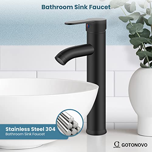 gotonovo Bathroom Sink Faucet Lavatory Vanity Mixer Bar Tap Combo Single Hole Single Handle Deck Mount with Water Supply Lines Matte Black Vessel with Metal Pop Up Drain