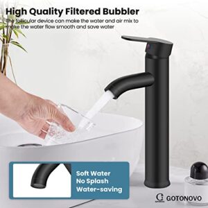 gotonovo Bathroom Sink Faucet Lavatory Vanity Mixer Bar Tap Combo Single Hole Single Handle Deck Mount with Water Supply Lines Matte Black Vessel with Metal Pop Up Drain