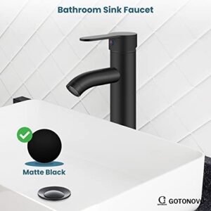 gotonovo Bathroom Sink Faucet Lavatory Vanity Mixer Bar Tap Combo Single Hole Single Handle Deck Mount with Water Supply Lines Matte Black Vessel with Metal Pop Up Drain