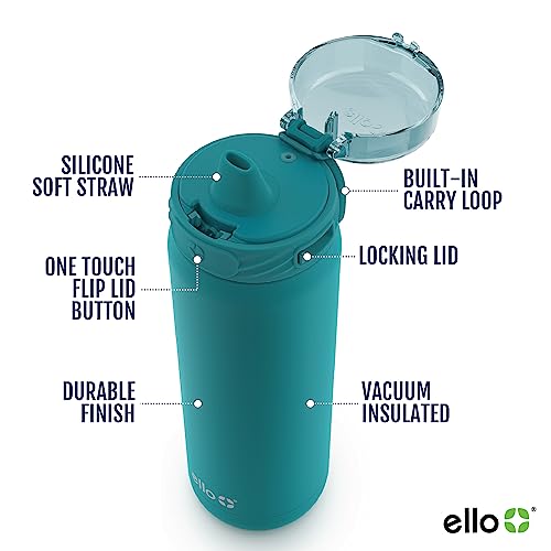 Ello Cooper 22oz Stainless Steel Water Bottle with Straw and Carry Handle, Double Walled and Vacuum Insulated Metal, Leak Proof Locking Lid with Soft Silicone Spout, Reusbale, BPA Free, Antigua