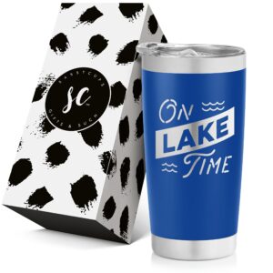 on lake time stainless steel tumbler with lid - personalized vacuum insulated travel mug - lake house and cottage decor - lake housewarming - lake lovers - lake life gifts - boat owner - cottage